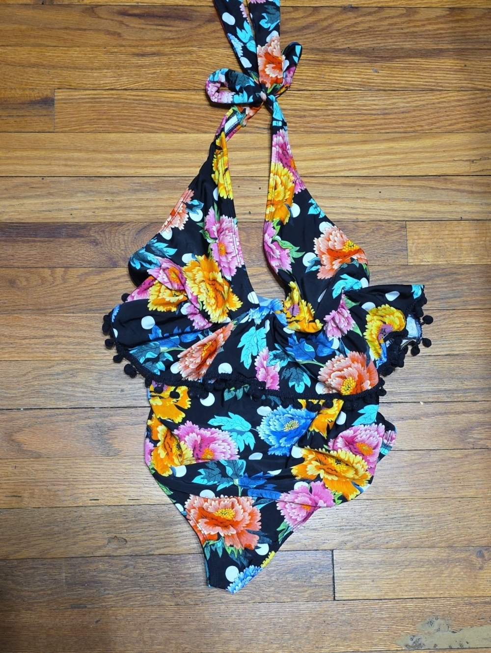 Asos Women's Swimsuit One Piece Halter Style Colorful Floral Pompoms Sz 6 EUC